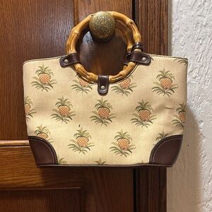 Relic Cream and Brown Pineapple Tote with Bamboo Handles VINTAGE